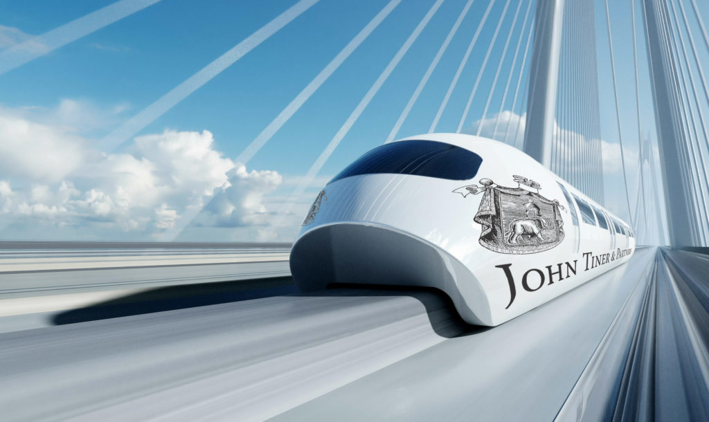 3d model of futuristic passenger train on the bridge. Very fast driving. Future concept. 3d rendering.